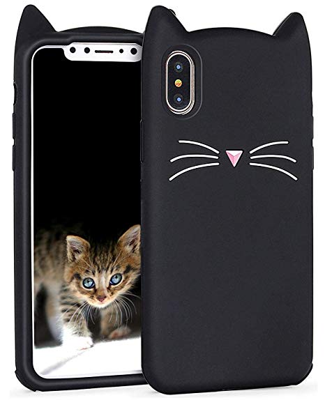 iPhone XR Case Cute, Miniko(TM) Fashion Cute Kawaii Funny 3D Black Meow Party Cat Kitty Whiskers Dropproof Protective Soft Rubber Case Skin for Apple iPhone XR 2018