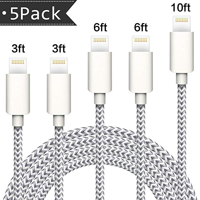 TNSO MFi Certified iPhone Charger Lightning Cable 5 Pack [3/3/6/6/10FT] Extra Long Nylon Braided USB Charging & Syncing Cord Compatible iPhone Xs/Max/XR/X/8/8Plus/7/7Plus/6S/6S Plus/SE/iPad/Nan More