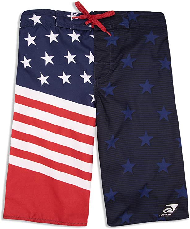LAGUNA Boy's American Flag USA Boardshorts Swimwear Trunks, UPF 50