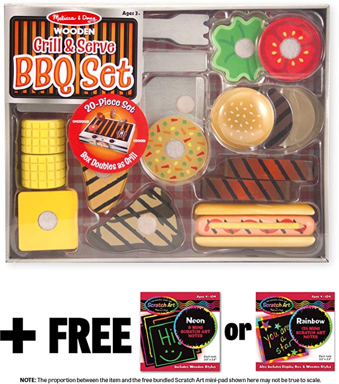 Melissa & Doug Grill & Serve BBQ Set: Wooden Play Food Set   Free Scratch Art Mini-Pad Bundle (92807)