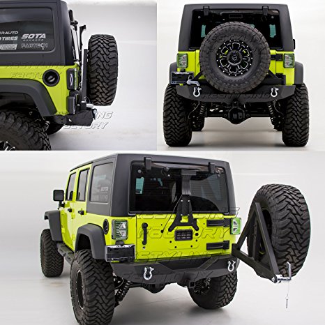 Restyling Factory -Heavy Duty Rock Crawler Rear Bumper with Tire Carrier and 2" Hitch Receiver-Textured Black for 07-17 Jeep Wrangler JK