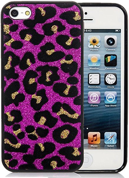 iPhone 5S Case, iPhone 5 Case, iSee Case (TM) Leopard Bling Glitter Glam Sparkle TPU Full Cover Protective Case for Apple iPhone 5 iPhone 5S (5S-Glimmer Leopard Hot Pink)