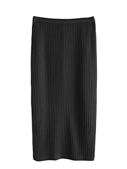 SheIn Women's Basic Plain Stretchy Ribbed Knit Split Full Length Skirt
