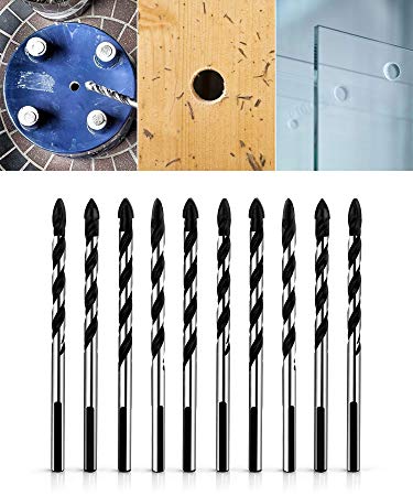 QWORK 10 Pcs Set 6mm (1/4") Multi-Material Drill Bit Set for Tile,Concrete, Brick, Glass, Plastic and Wood Tungsten Carbide Tip Best for Wall Mirror and Ceramic Tile on Concrete and Brick Wall