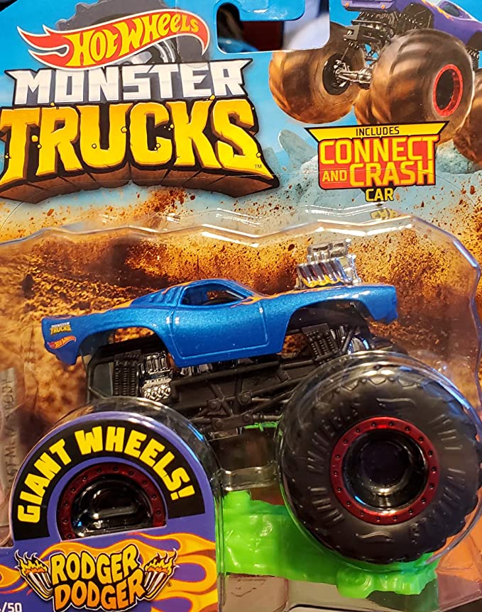 Hot Wheels Monster Jam 1:64 Scale Rodger Dodger Blue Giant Wheels Includes Connect and Crash Car