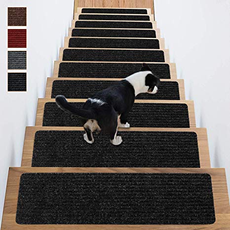Stair Treads Non-Slip Carpet Indoor Set of 15 Black Carpet Stair Tread Treads Stair Rugs Mats Rubber Backing (30 x 8 inch),(Black, Set of 15)