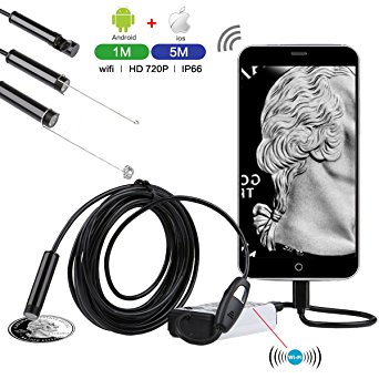 WiFi Wireless Endoscope Camera -Waterproof IP66 Handheld Inspection Snake Camera for Borescope Video Inspection Support iOS & Android Tube Cable with 6 LEDs (5M)