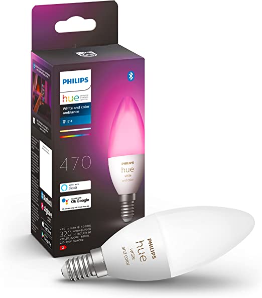 Philips Hue NEW White and Colour Ambiance Smart Light Bulb [E14 Small Edison Screw] With Bluetooth. Works with Alexa, Google Assistant and Apple Homekit