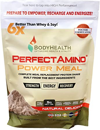 BodyHealth PerfectAmino Complete Power Meal Replacement Shake (Natural Flavor, Pouch, 20 Servings), Organic Protein Powder Drink w/MCT Oil, Probiotics, Vegan, High Nutrition, for Weight Loss Diet
