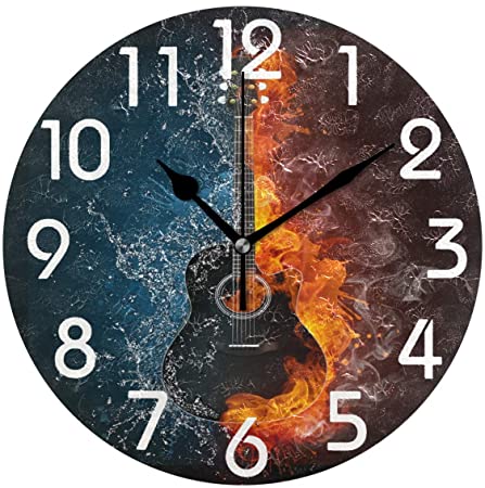Naanle Chic Acoustic Guitar in Fire and Water Print Round Wall Clock Decorative, 9.5 Inch Battery Operated Quartz Analog Quiet Desk Clock for Home,Office,School(Blue Red)