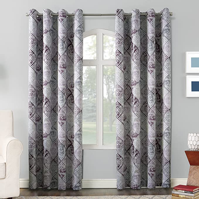 Sun Zero Reardon Distressed Global Tile Print Grommet Curtain Panel, 54" x 63", Plum