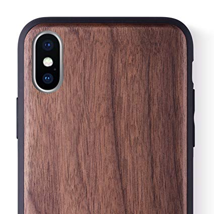 iCASEIT iPhone Xs/X Wood Case Full Protection TPU Bumper Cover with Premium Finish [Compatible with Wireless Charger] Slim & Lightweight Snap-on Protection for iPhone Xs/X - Walnut