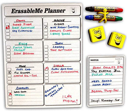Magnetic Dry Erase Weekly Planner and Chore Chart for REFRIGERATOR - INCLUDES - Planner 16" x 12" - Notepad 4" x 6" - 2 Dual Color Markers - Yellow Whiteboard Erasers - "Pen Butler" Fridge Magnet