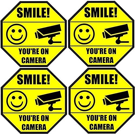Printed on Adhesive Side, Outdoor/Indoor (4 Pack) 3.5" X 3.5" - Smile You're ON Camera - Glass Window Door Caution Warning Sign Vinyl Label Sticker Decal - Front Adhesive Vinyl