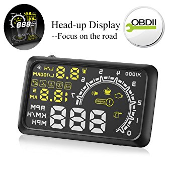Head Up Display - Bysameyee Car LCD 5.5 Inch Colorful Screen Projector HUD Over Speed Warning Alarm System Vehicle OBD2 Speedometers Engine Speed, Water Temperature, Driving Mileage