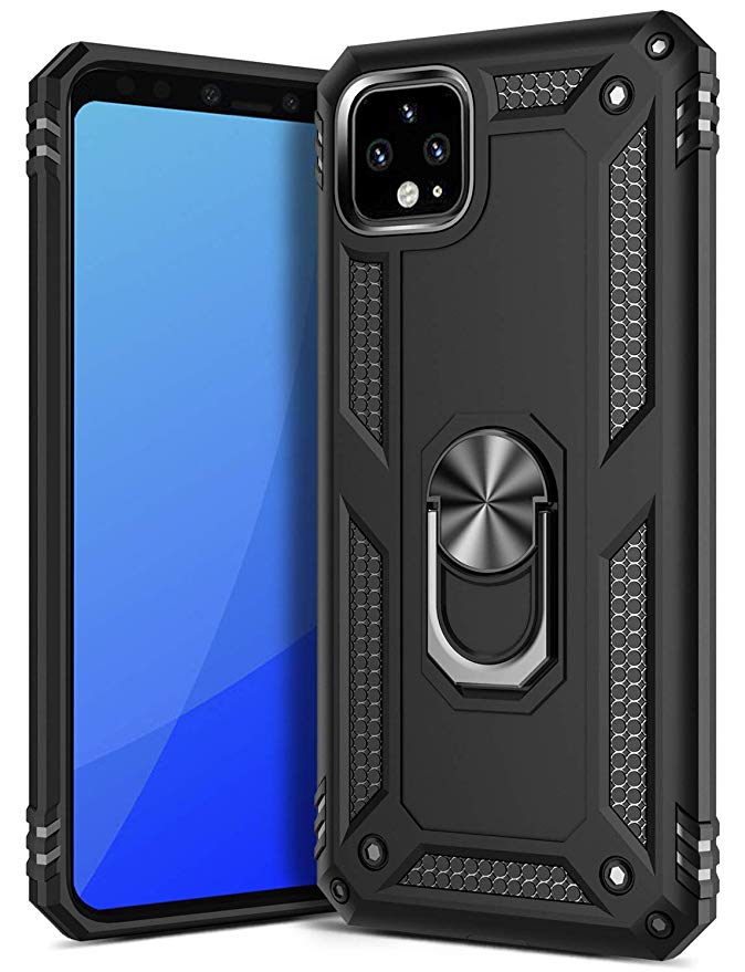 GREATRULY Ring Kickstand Phone Case for Google Pixel 4 XL (2019),Heavy Duty Dual Layer Drop Protection Google Pixel 4 XL Case,Hard Shell   Soft TPU   Ring Stand Fits Magnetic Car Mount,Black