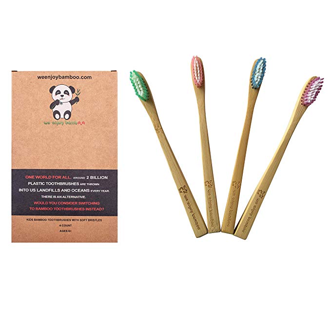 Natural Eco Friendly Kids Bamboo Toothbrushes - Children Size Tooth Brush - BPA Free Recyclable Soft Bristles- Biodegradable Plastic Free Packaging - Zero Waste Dental Care, Wooden Toothbrush, 4- Pack