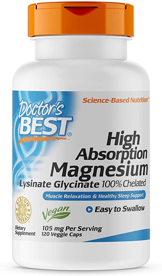 Doctor's Best High Absorption Magnesium Lysinate Glycinate, Easy to Swallow, Supplement for Sleep, Stress & Anxiety Relief, Leg Cramps, Headaches, Energy, Muscle Relaxation 120 Ct