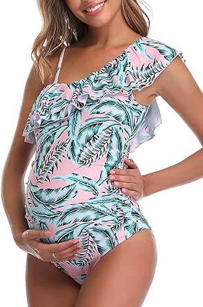 MiYang Women Maternity Swimwear One Shoulder Flounce One Piece Printing Bathing Suit