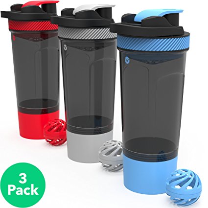 Vremi 3 Pack Protein Shaker Bottle Set - 24 oz Bottles with Whisk and  - Leak Proof BPA Free Dishwasher Safe Sports and Travel Water Container with Powder and Pills Storage Compartment