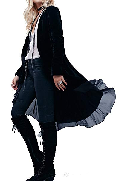 R.Vivimos Women Ruffled Asymmetric Long Velvet Blazers Coat Casual Jackets