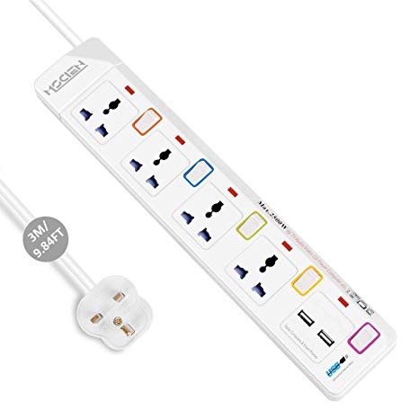 Extension Lead with USB, 4 Way Universal Sockets 2 USB Charging Ports 3 Meter(Including Sockets) Individually Switched Power Strip, Surge | Overload Protection Wall Mountable Extension Cord By Mscien