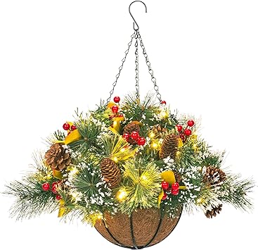 Artificial Christmas Hanging Basket, Decorated with Frosted Pine Cones, Berry Clusters, 30 LED Warm Lights,Christmas Outdoor Decorations for Front Porch Garden Yard Lawn Xmas Decor,20 Inches