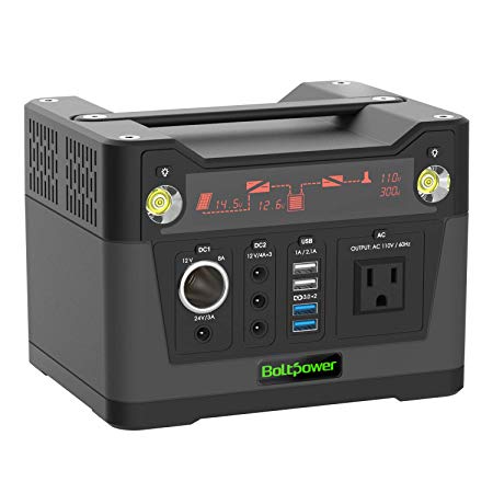 Bolt Power Portable Generator 300W Power Station, Emergency Backup Battery Pack, AC Wall Outlet, 4-USB Ports, Cigarette Lighter Port, 12V/24V DC and LED Flashlight for Camping, Disaster, Power Outage