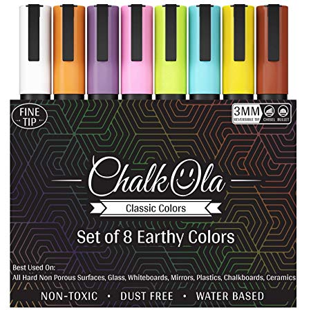 Fine Tip Chalkboard Chalk Markers - Pack of 8 Classic Earth Colors | Non Toxic Wet Erase Liquid Chalk Ink Pens | 3mm Reversible Bullet & Chisel Nib