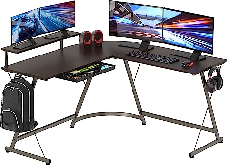 SHW Gaming L-Shaped Computer Desk with Monitor Stand, Espresso