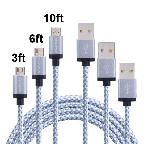 Sundix(TM) 3Pcs 3FT 6FT 10FT Extra Long Nylon Braided Universal Micro USB Cable High Speed USB 2.0 A Male to Micro B Sync&Charge Cord Wire for Samsung, HTC, Motorola, Nokia, Android, and More