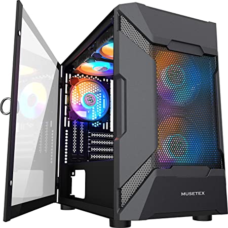 MUSETEX MESH Micro ATX Tower 5 PCS × LED ARGB Fans Pre-Installed 2 PCS × USB 3.0 Ports Opening Tempered Glass Panel & Mesh Front Panel Airflow Gaming PC Case (MK7-GN5)