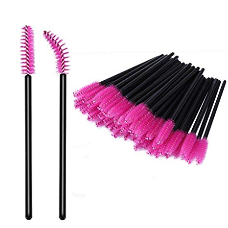 100 Pack Disposable Eyelash Brushes tools, Mascara Wands Brushes Eyebrow Applicator Makeup Brush Kits (Black Handle- Rose Red Head)