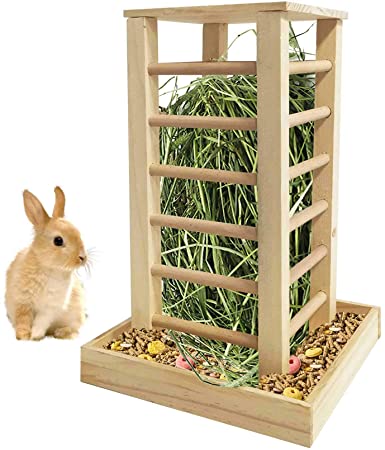 kathson Wooden Hay Feeder Rabbit Less Waste Food Feeding Rack Standing Pet-self Feeding Hay Manager Grass Holder Small Animals Cage Accessories for Bunny Chinchilla Guinea Pig