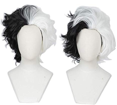 Linfairy Half White and Half Black 2 Tone Wig Halloween Costume Cosplay Wig for Women