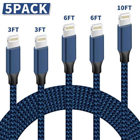 MFi Certified 5 Pack [3/3/6/6/10FT] GEJIN iPhone Charger Lightning Cable Compatible iPhone Xs/Max/XR/X/8/8Plus/7/7Plus/6S/6S Plus/SE/iPad Extra Long Nylon Braided USB Charging & Syncing Cord