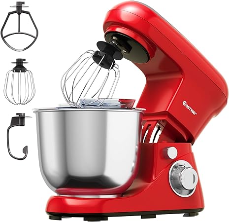 COSTWAY Stand Mixer, 6-Speed Tilt-Head Stand Mixer, 500W, Kitchen Electric Mixer with Dough Hook, Beater, Whisk, 5.3 Quart Stainless Steel Mixing Bowl and Splash Guard (Red)