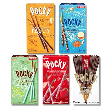 Glico Pocky Sticks (5 Packs/10.57oz) Japanese Snacks Variety Pack of 5 - Crunchy Strawberry, Chocolate Tasty, Ultra Slim, Coconut and Mint/Japanese imported limited edition