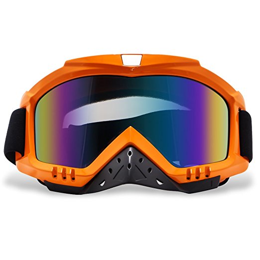 Motorcycle Goggles, Dmeixs Motocross Goggles Grip For Helmet Windproof Dustproof Anti Fog Safety Glasses for ATV Off Road Racing with Cool Look Headwear（Colorful Lens Orange Frame)