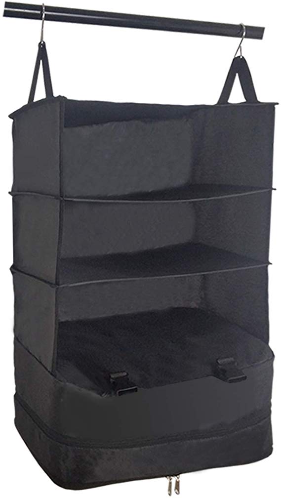 Suitcase With Shelving System Organizer - Large, BLACK, Packable Hanging Travel Shelves & Packable Organizer Cubes