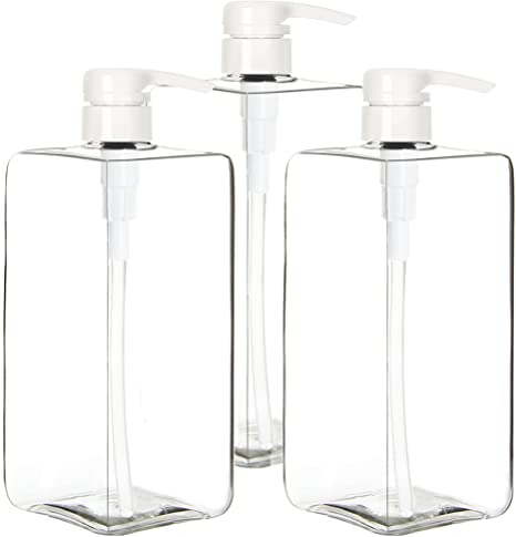 Youngever 3 Pack Pump Bottles for Shampoo 32 Ounce (1 Liter), Square Empty Shampoo Pump Bottles, Plastic Cylinder with Lockdown Leak Proof Pumps