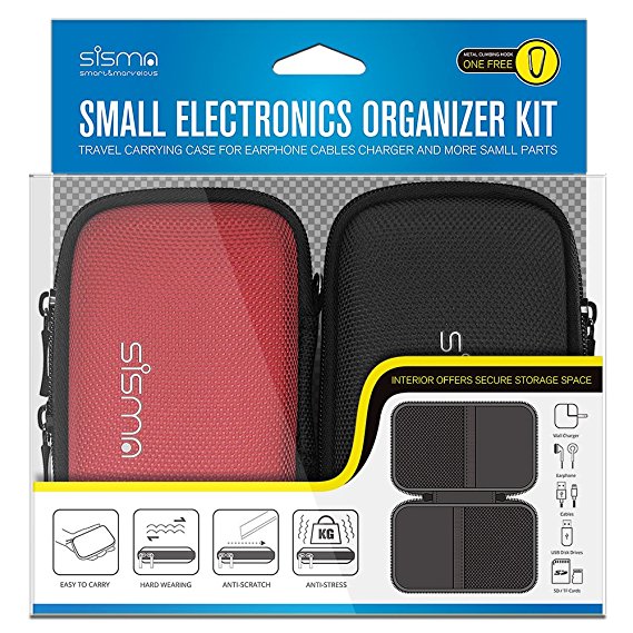 Sisma Little Electronics Organizers Kit for Anker PowerCore 10000 Small Phone Battery SSD Hard Drives Cables Charger Earbuds Carrying Cases -Red and Black SCB17053S-KIT