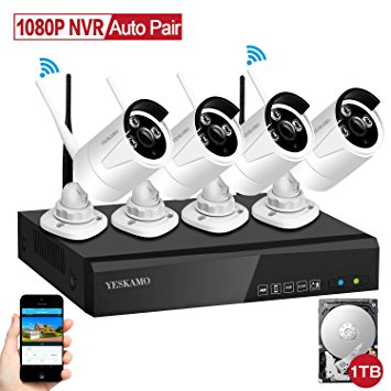 YESKAMO Wireless CCTV Camera Systems 4CH 1080P HD Network Video Recorder with 4pcs 1.3MP 960P Wifi Bullet IP Cameras & 1TB Surveillance HDD for Outdoor Home Security Monitoring Kit Support Motion Activated Email Alert Remote View on Phone App