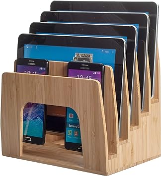 MobileVision Bamboo Multi Device Inclined Organizer for Smartphones, Tablets and Laptops, Upright Sections, Step Sorter, 5 Slots