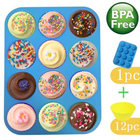 Silicone Muffin Pans, JamHoo 12 Cup Premium Large Cupcake Pan & 12 Reusable Vibrant Muffin Molds / Baking Cups / Cupcake Liners - Non-stick BPA-free Food Grade Silicone Mold Material - Dishwasher Safe