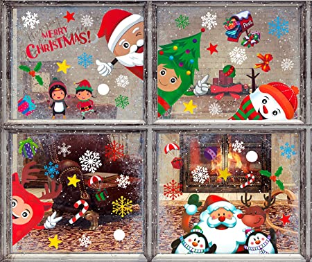 Christmas Window Clings Snowflake Decals Christmas Stickers Decorations for Holiday Santa Claus Elf Reindeer Christmas Window Decals Xmas Party Supplies - 4 Sheet
