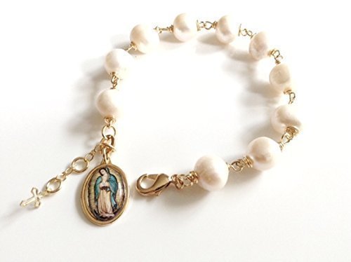 Our Lady of Guadalupe medal adjustable freshwater cultured pearl bracelet Virgen de Guadalupe