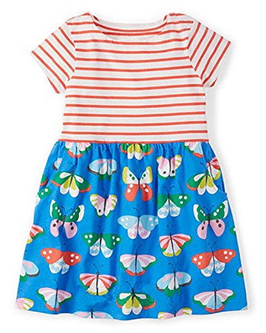 Fiream Girls Summer Casual Dresses Cotton Striped Cartoon Printed Playwear Dresses