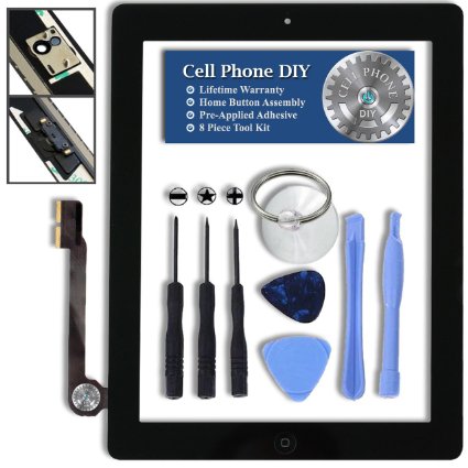 Black iPad 4 Digitizer Replacement Screen Front Touch Glass Assembly Replacement - Includes Home Button   Camera Holder   Pre-Installed Adhesive with Tools - Repair Kit by Cell Phone DIY