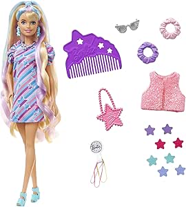 Barbie Totally Hair, Barbie Puppe mit extra langen mehrfarbigen Haaren zum Stylen, inkl. 15x Barbie Zubehör wie Haarschmuck, Spielzeug ab 3 Jahre, HCM88